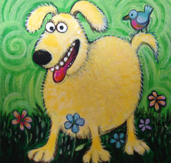 Yellow dog with a bird