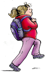 Elizabeth walking to school with a backpack