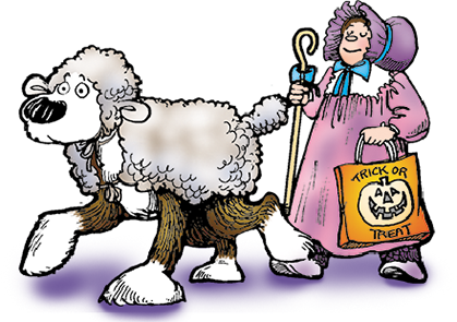 April dressed as Little Bo-Peep For Halloween, and Edgar as her sheep.