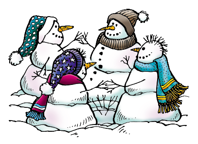 Four snowmen stand in a circle